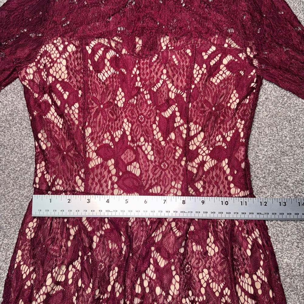 Women's Long Sleeve Maroon Lace Overlay Dress w/ Nude Lining - Picture 8 of 12